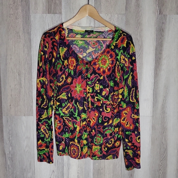 🛍Talbots Womens Large Petite Floral Cardigan Button Front Colorful‎ Eclectic - Picture 1 of 6